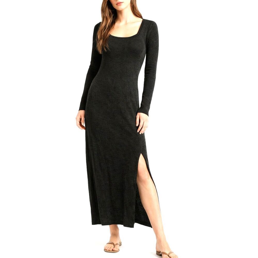 Free People FP Beach Maxi Dress Medium Black Knit Long Sleeve Side Slit Scoop Ne